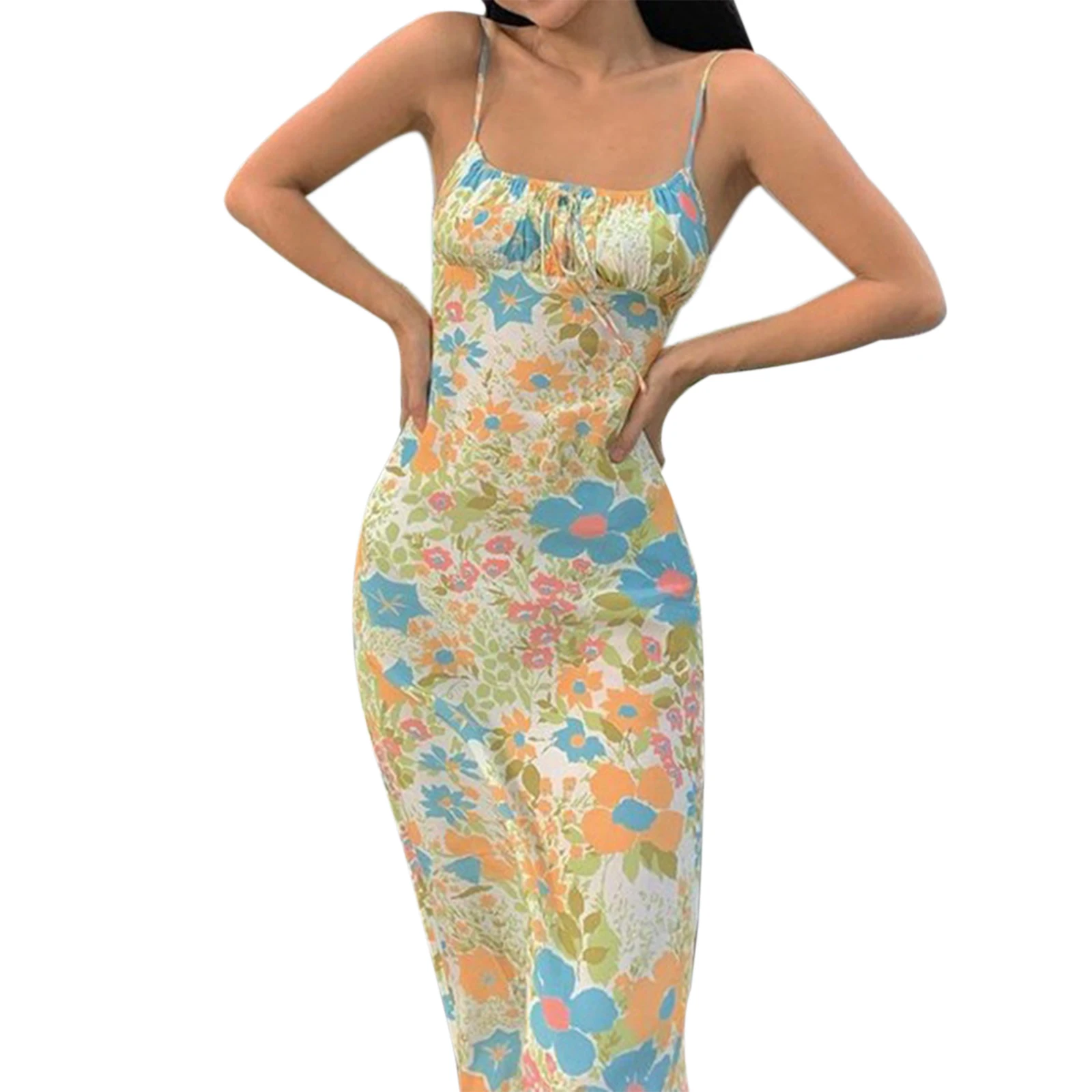 

Women’s Fashion Casual Suspender Dress Elegant Party Dress Fashion Floral Print Bandage Square Collar Backless Long Dress