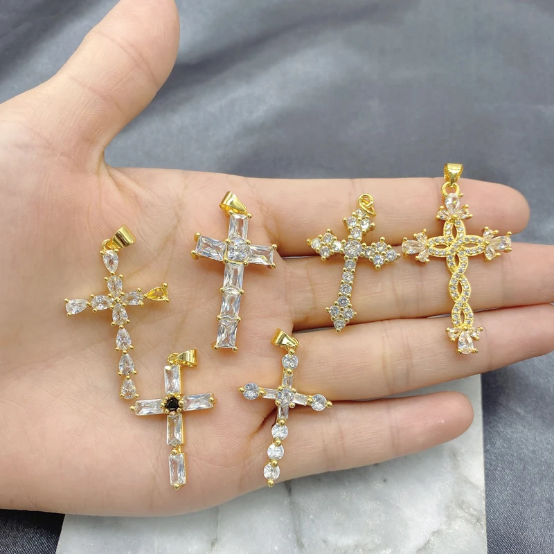 

5Pcs/Lot Jewelry Supplier Accessories Transparent 18k Brass Large Zircon Cross Pendant