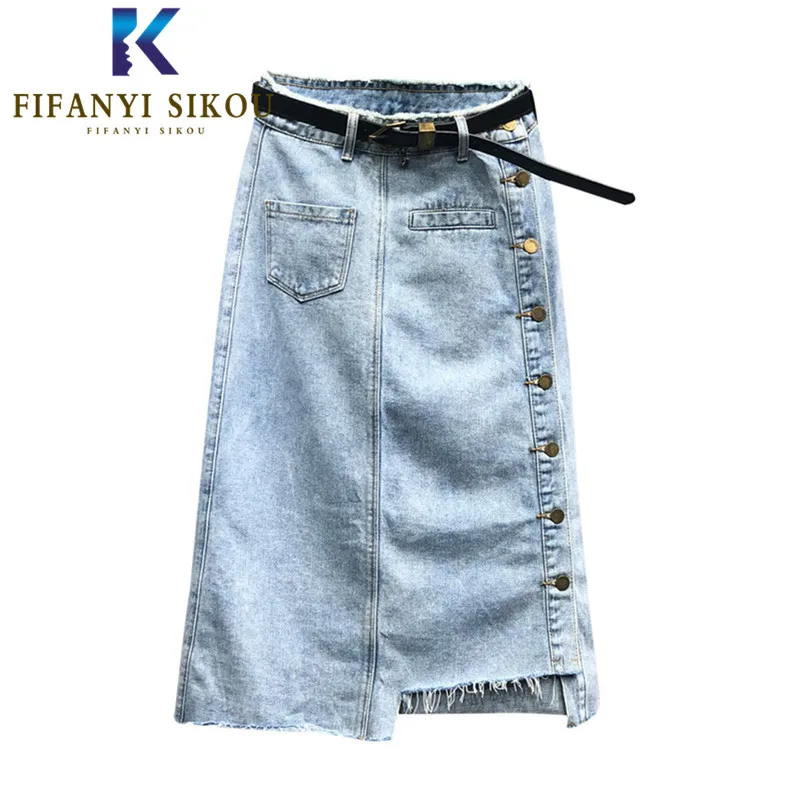 Юбка женская джинсовая с завышенной талией однобортная Свободная Повседневная