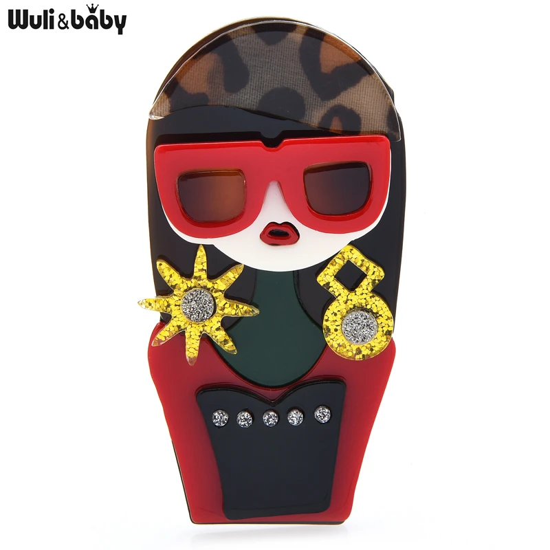 

Wuli&baby Aclyic Long Hair Girl Brooches For Women Wear Earrings Glasses Modern Lady Figure Office Party Brooch Pin Gifts