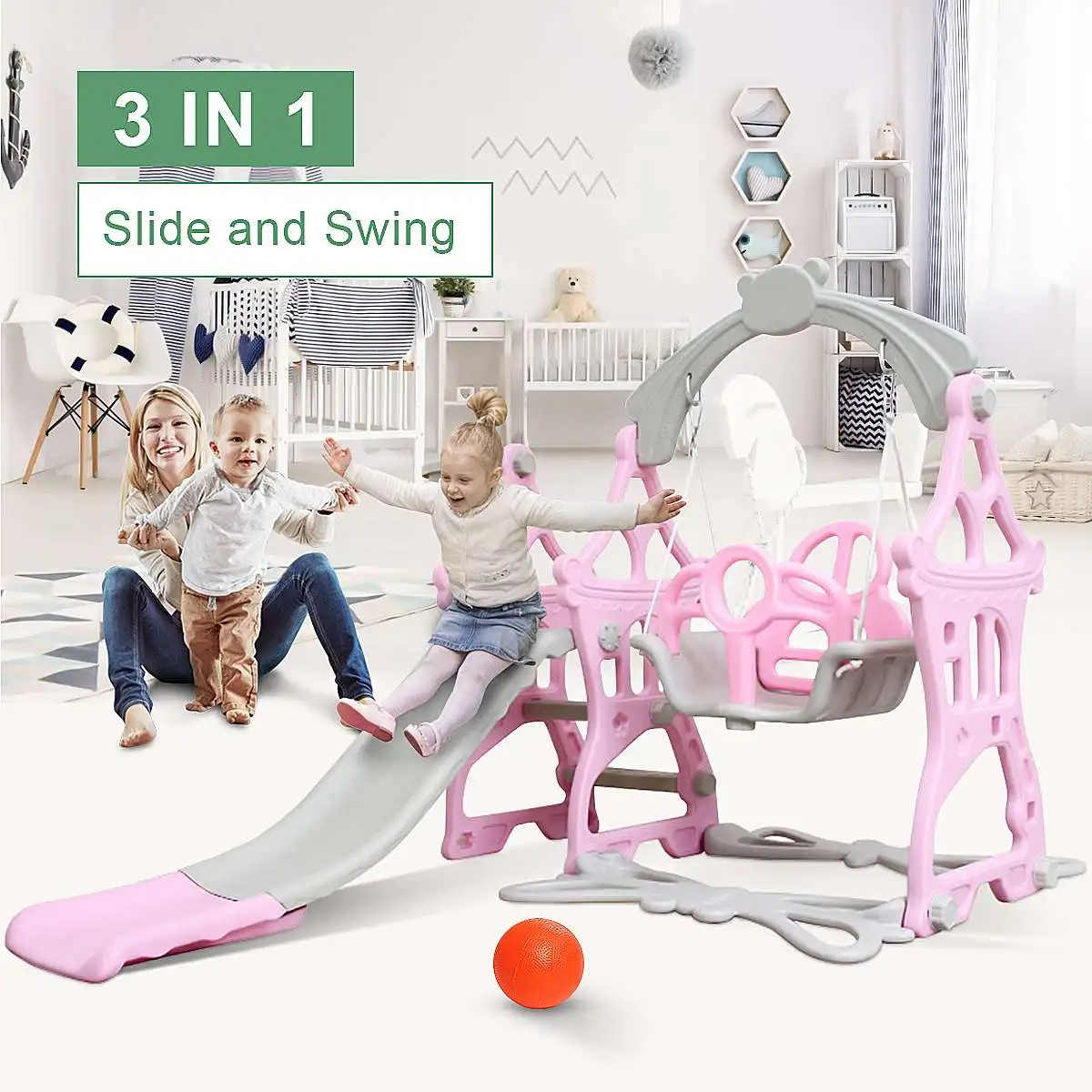 

Baby Slide Children Indoor Swing Chair Kindergarten Slide Swing Combination Kids Playground Toy Swings with basketball hoop