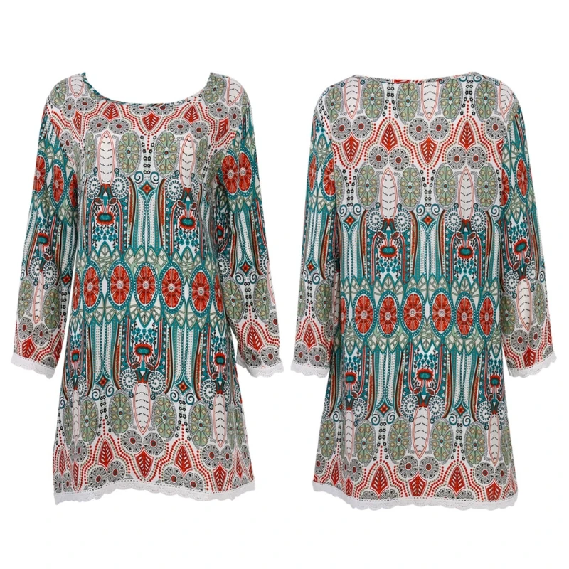 

Women Three-quarters Sleeve Round Neck Vintage Floral Print Casual Beach Dress