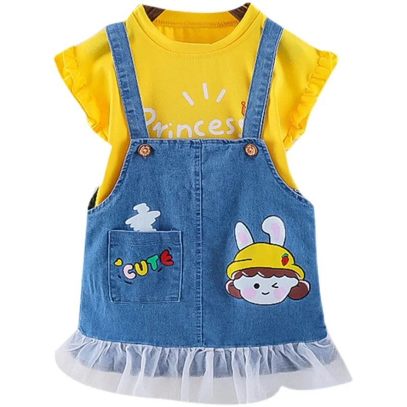 

Джинсовый комплект с юбкой на подтяжках для девочек, Новинка лета 2021, стильный костюм из двух предметов с кружевной юбкой с короткими рукава...