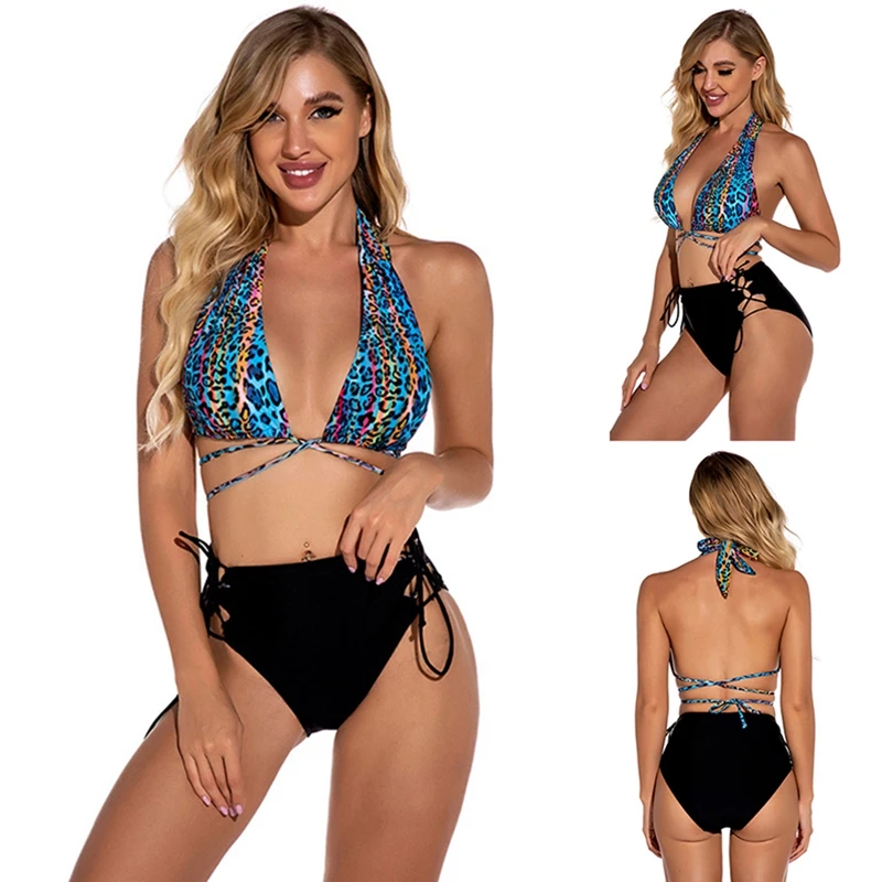 

Women Sexy Deep V Neck High Waist Tether Halter Swimsuit Bikini Leopard Print