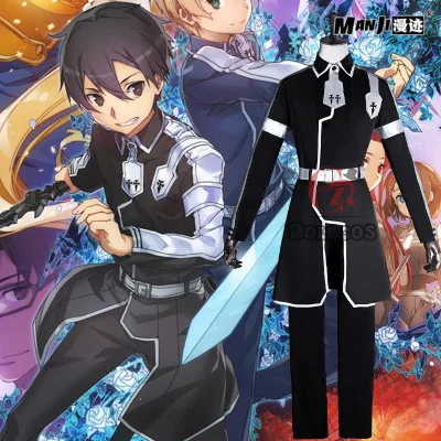 Anime Sword Art Online Cosplay Costume Kirigaya Kazuto Combat Gear Men Wig Cool Short Coat Suit Top + Pants Belt Armband | Тематическая