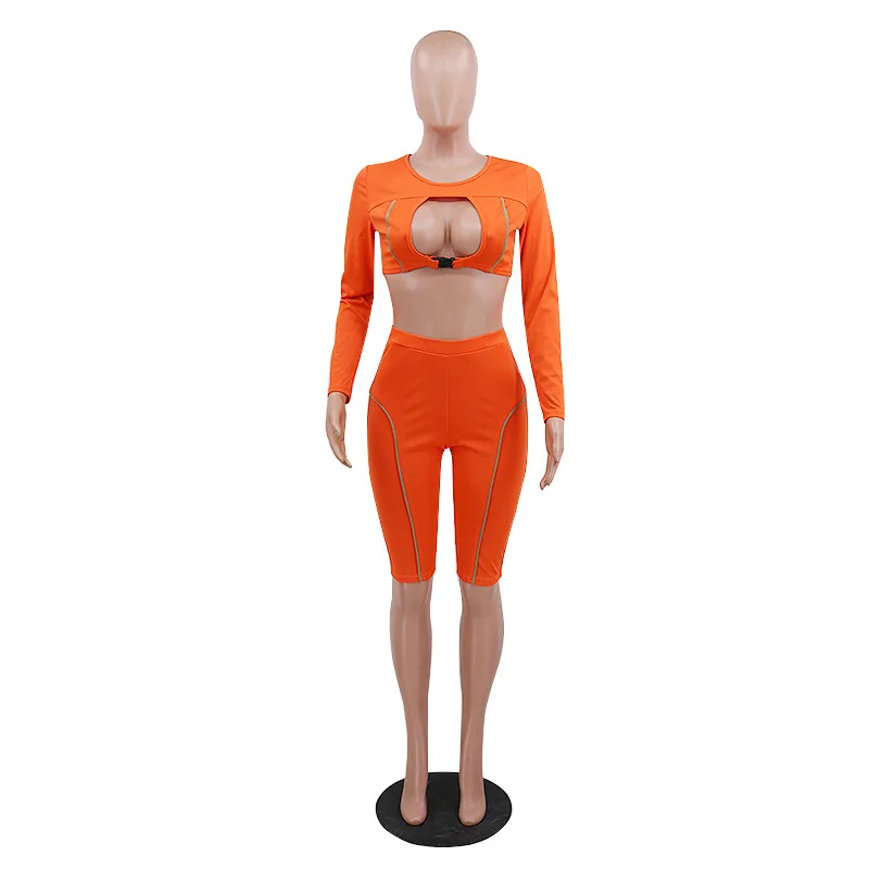 Stylish sexy hollowed-out two-piece outfit splicing round neck long sleeve waist suit and shorts new casual women's | Женская одежда