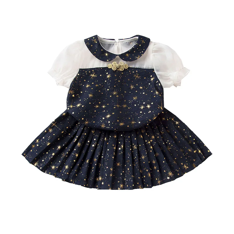 

Girls Sets 2021 Summer Kids Clothes Suits Toddler Retro Doll Collar Top+Pleated Star Skirt 2pcs Outfits Children Clothing 2-6Y