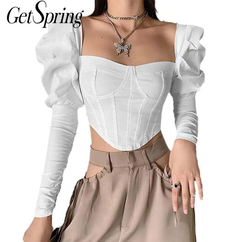 

GetSpring женская блузка белая шифоновая рубашка с квадратным воротником с буфами на рукавах короткий топ с открытой спиной с длинным рукавом к...
