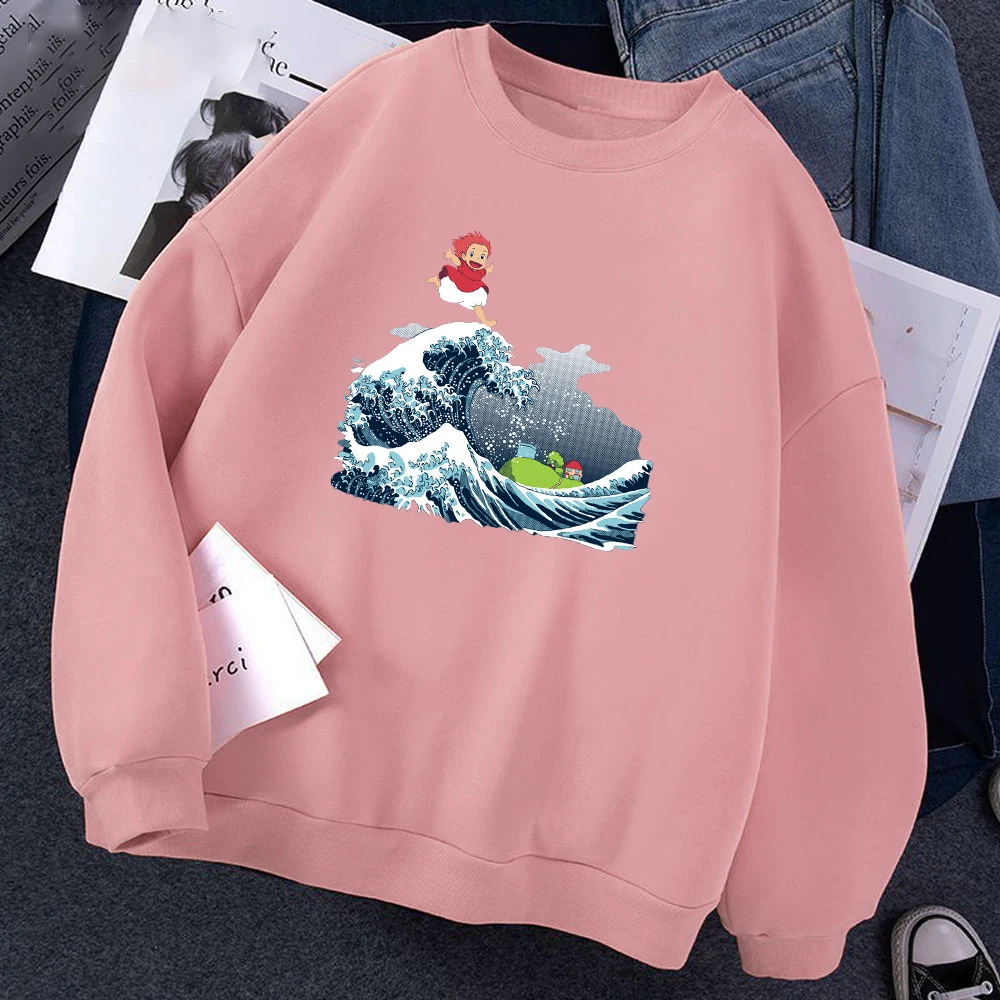 

Ponyo on the Cliff Printed Sweatshirts Kawaii Japanese Anime Pullover Funny Japan Style Manga Clothes Casual Male Long Sleeve