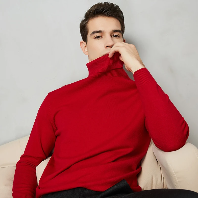 Autumn Winter Warm Men Turtleneck Warm Wool Cotton Sweaters Solid Color Casual Knitter Pullovers New Year Red Christmas Sweater