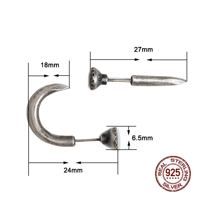 HelloLook Bent and Straight Nails Design Earring 925 Sterling Silver Stud Earrings Punk Unisex Ear Piercing Jewelry | Украшения и