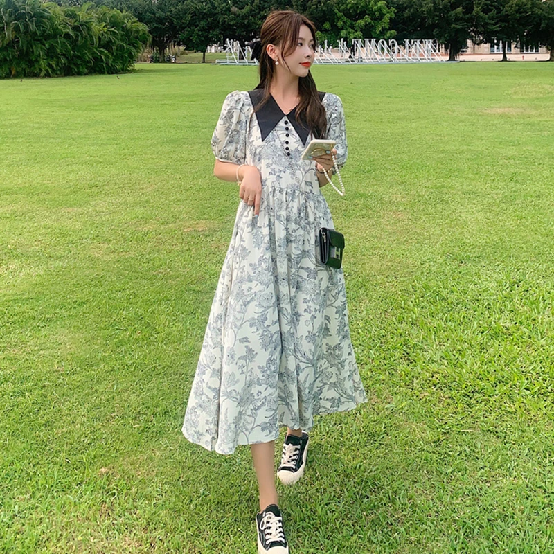 

2021 new summer plus-size dress fashion French dress girls loose doll collar dress women's chiffon skirt short sleeve size L-4XL