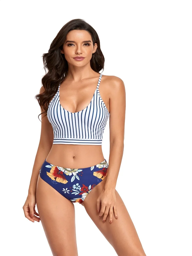 

Hehe 2022 New Leaves Printed High Waist Two Pieces Bikini Set Swimsuit Female Women Beachwear Swimwear Bather Bathing Suit