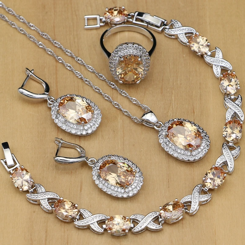 

925 Silver Bridal Jewelry Champagne Cubic Zirconia Jewelry Sets For Women Earrings Stone Pendant/Rings/Bracelet/Necklace Set