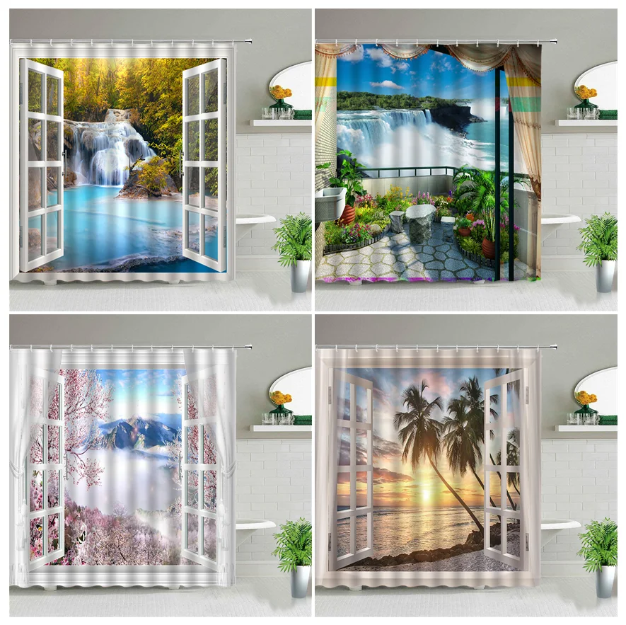 Ландшафтная занавеска для душа пейзаж водопад морской цветок растение декор
