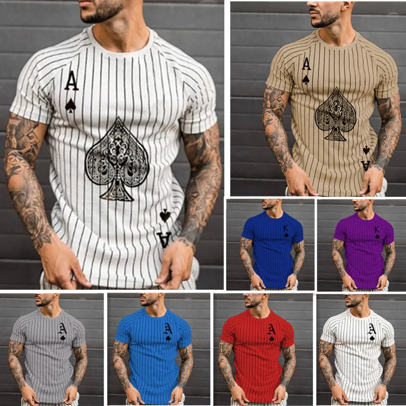 

Fashion Men's New Stripe Pure Color Poker Print Short-Sleeved Shirt T Shirt Sports Leisure Comfortable Breathable T-Shirt Shirt
