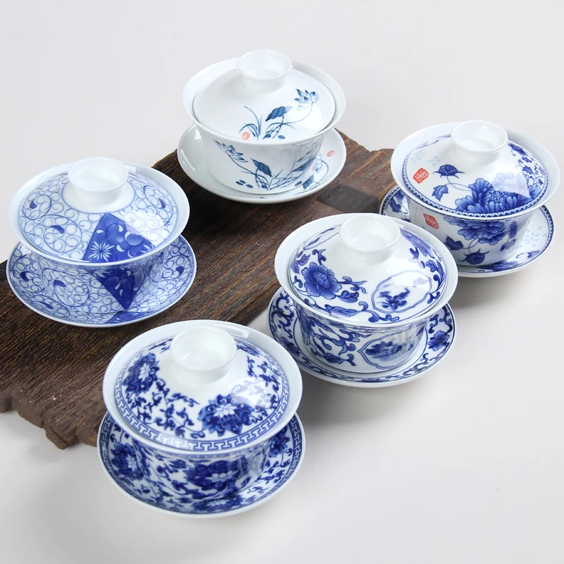 Большая сине-белая фарфоровая чаша Gaiwan 250 мл керамическая крышка Цзиндэчжэнь для