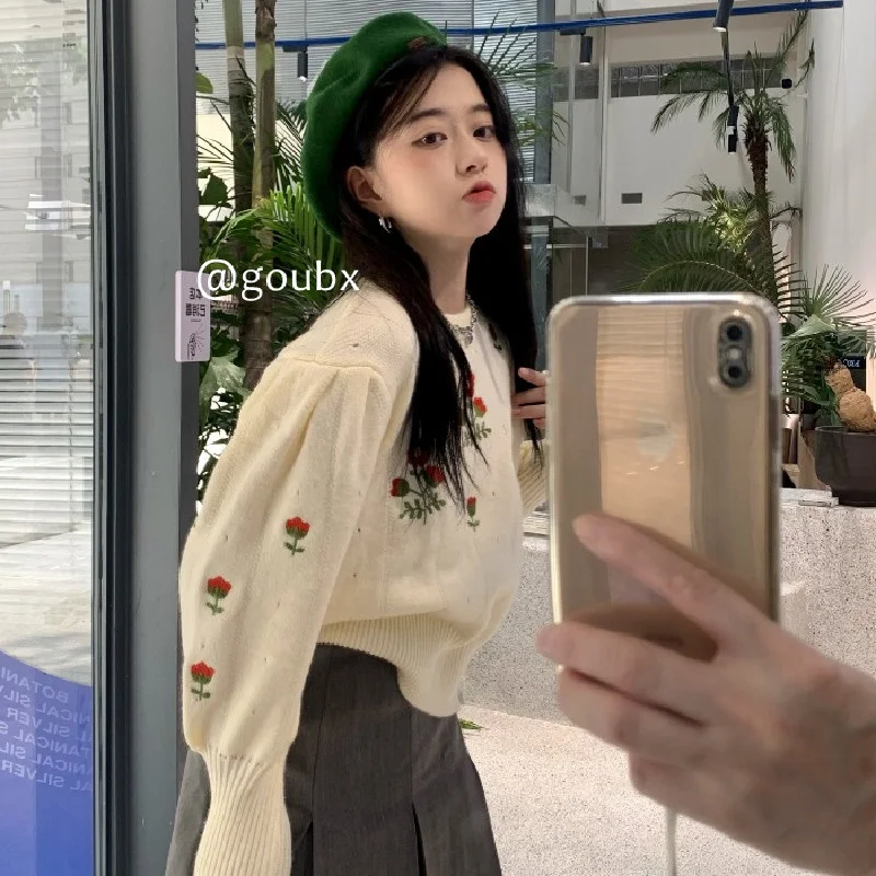 

Женский свитер с вышивкой абрикосовых цветов, свободный Нежный пуловер в Корейском стиле с круглым вырезом, осень 2021