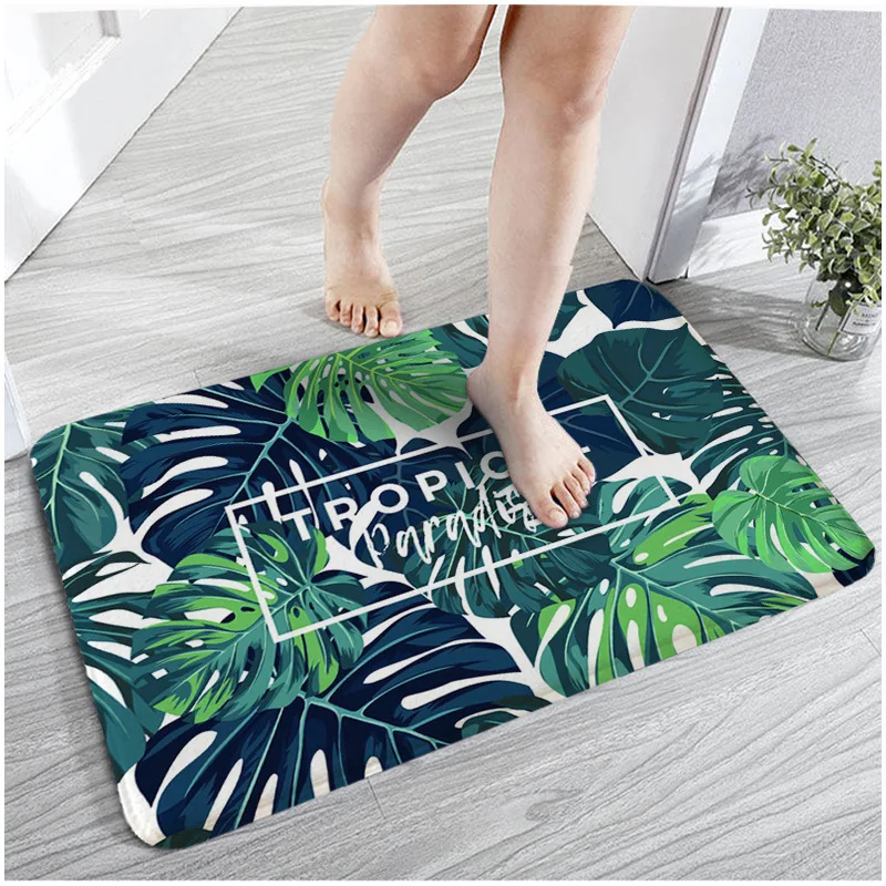 

Leaf Pattern Flannel Bath Mat Cute Anti Slip Absorbent Bathroom Carpet Strong Water Absorption Floor Area Rugs for Shower Room