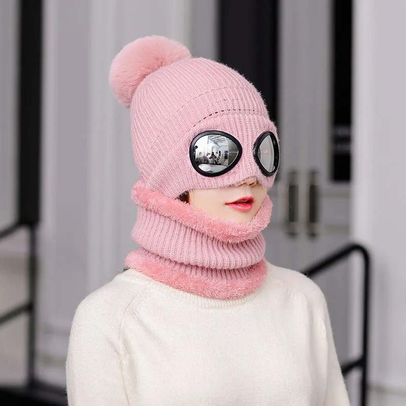 RUHAO зимняя вязаная шапка теплая шапочки Skullies Лыжная Шапка со Съемные очки для женщин и мужчин Кепка для занятий спортом на открытом воздухе