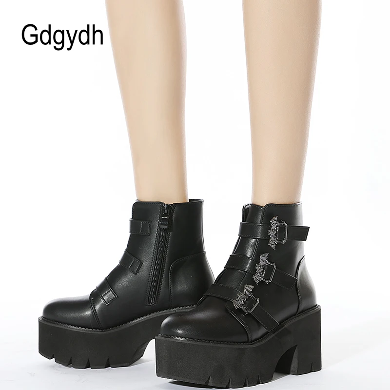 Gdgydh Metal Decoration Bat Demonia Boots Women Platform Heels Black Gothic Ankle Strap Belt Buckle Ladies Short Plus Size | Обувь