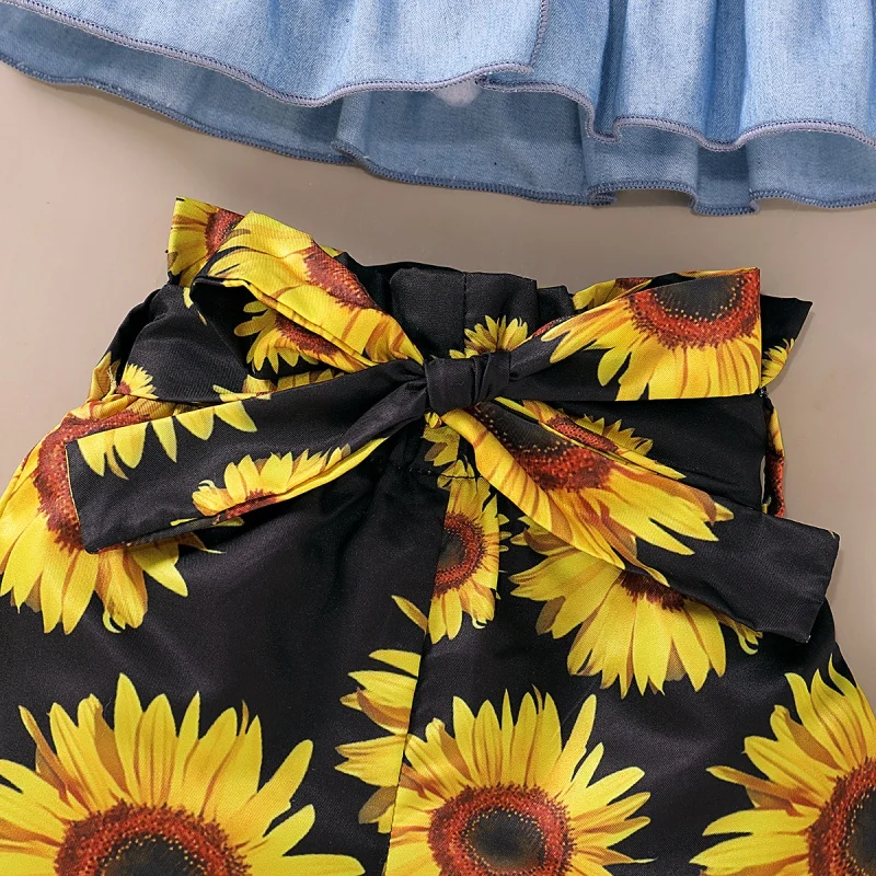

Summer Cute Baby Clothes Baby Girl Suit Baby Sling Top + Sunflower Printed Shorts 1
