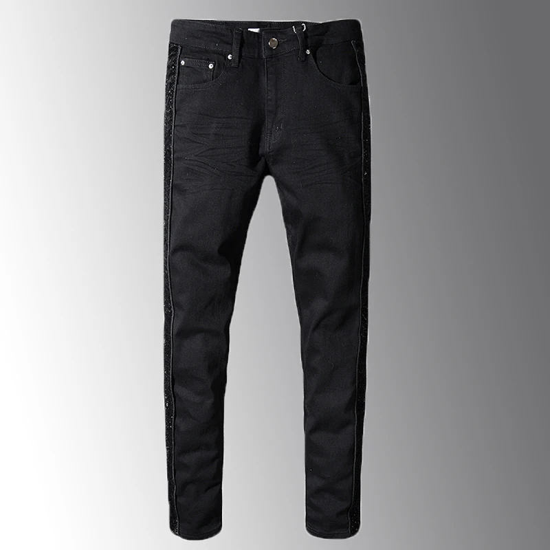Мужские обтягивающие джинсы Minglu черные блестящие лоскутного покроя узкие