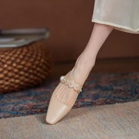 handmade women sandals summer 2021 female shoes woman ruffle natural leather medium heels casual slip on pearls mules nude shoes