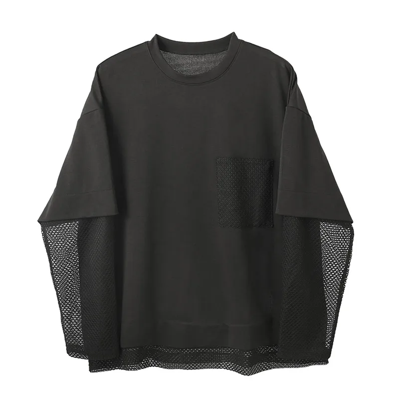 

Hip hop fashion t-shirt men's short sleeve design sense fishing net stitching loose top fashion versatile fake two piece bottomi