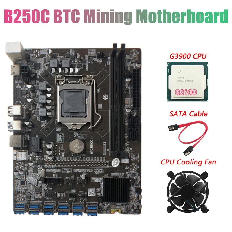 

B250C BTC Mining Motherboard with G3900 CPU+Fan+SATA Cable 12XPCIE to USB3.0 GPU Card Slot LGA1151 Supports DDR4 RAM