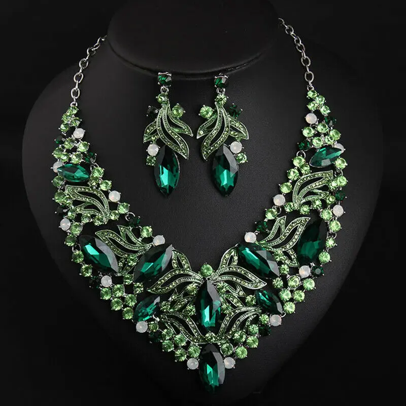 Vintage Crystal Shiny Jewelry Set Necklace Earring Wedding Statement For Women Bohemian Luxury Collar Choker Bridal Gift | Украшения и