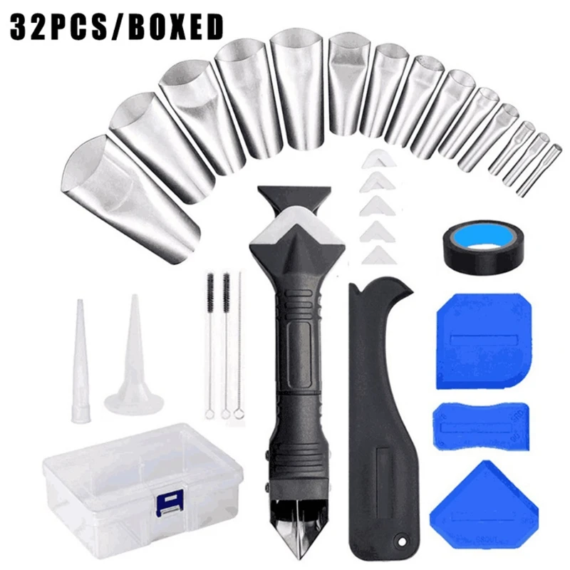 

Professional Caulking Finishing Tool Kit, 32 Pcs Caulking Sealant Finishing Tools Caulk Nozzle Applicator Grout Scraper