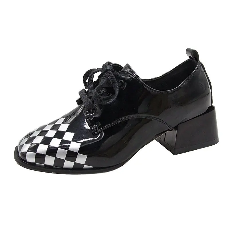 

Zapatos de mujer New women's high heels patent leather lace up patchwork pumps fashion autumn office shoes women Size 35-40