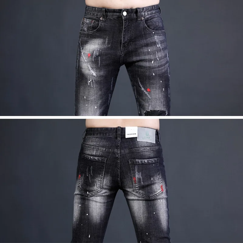 2022 Summer Black Ripped Patch Jeans Men Streetwear Dots Printed Pencil Pants Fashion Casual Slim Fit Denim Trousers