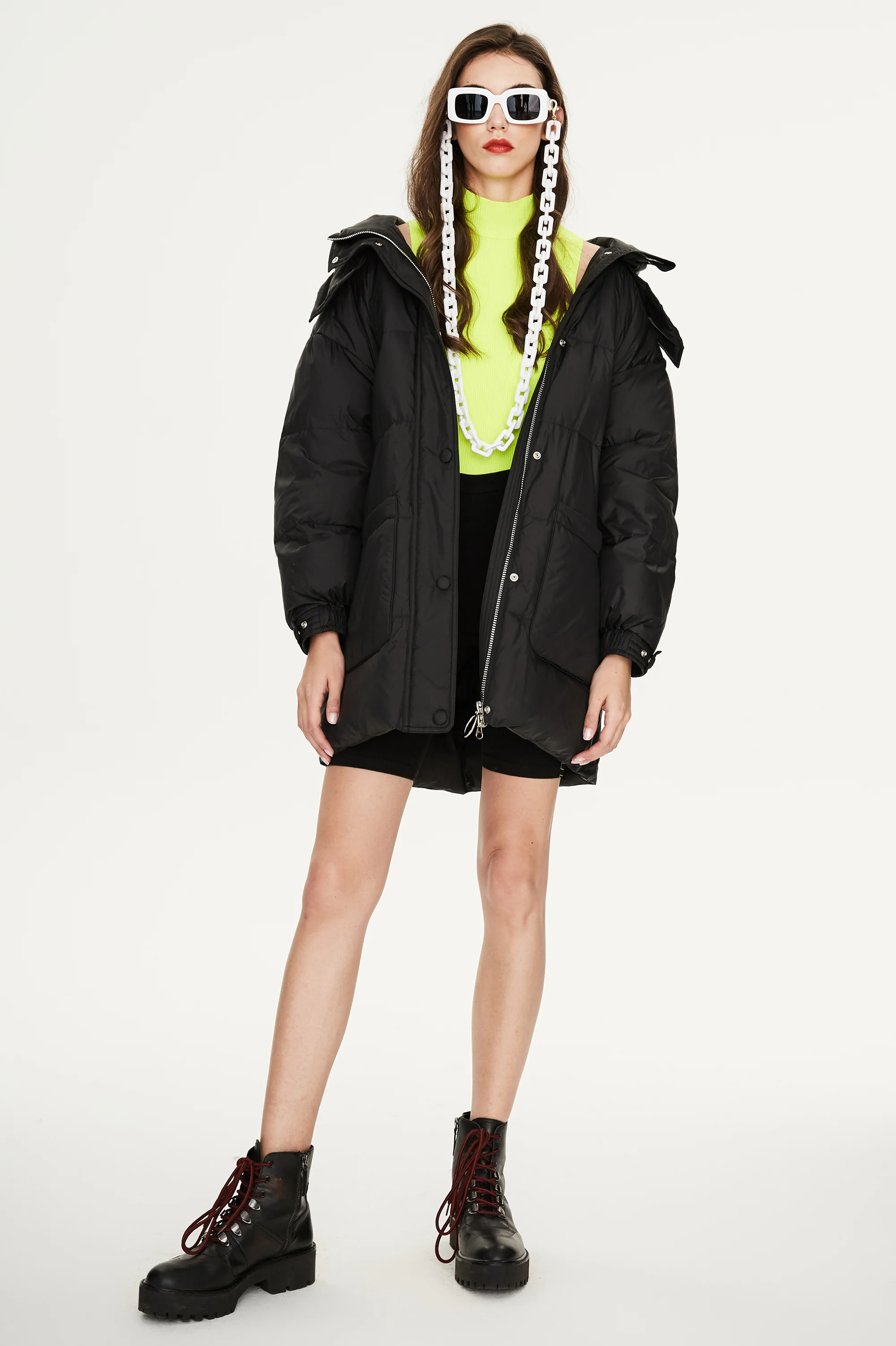 

SHZQ зимняя новая Женская длинная пуховая куртка с шапкой и ремешком на талии тонкое и плотное теплое пальто