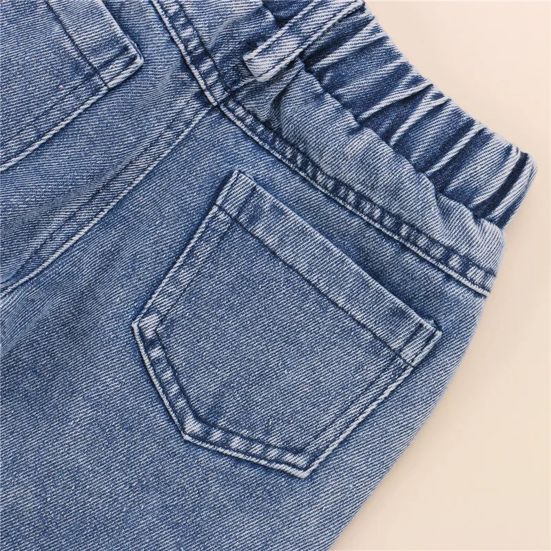 

2-7Y Fashion Children Girls Autumn Clothing Sets 2pcs Kids Mesh Polka Dots Puff Sleeve Knitted T-shirts+Long Pants Jeans Outfits