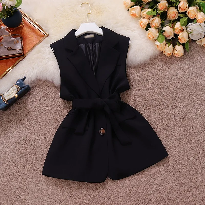 

NEW ARRIVAL Office Lady Notched Collar Suit Vest Elegant Sleeveless Strap Wrap Waist Vest Top TN119