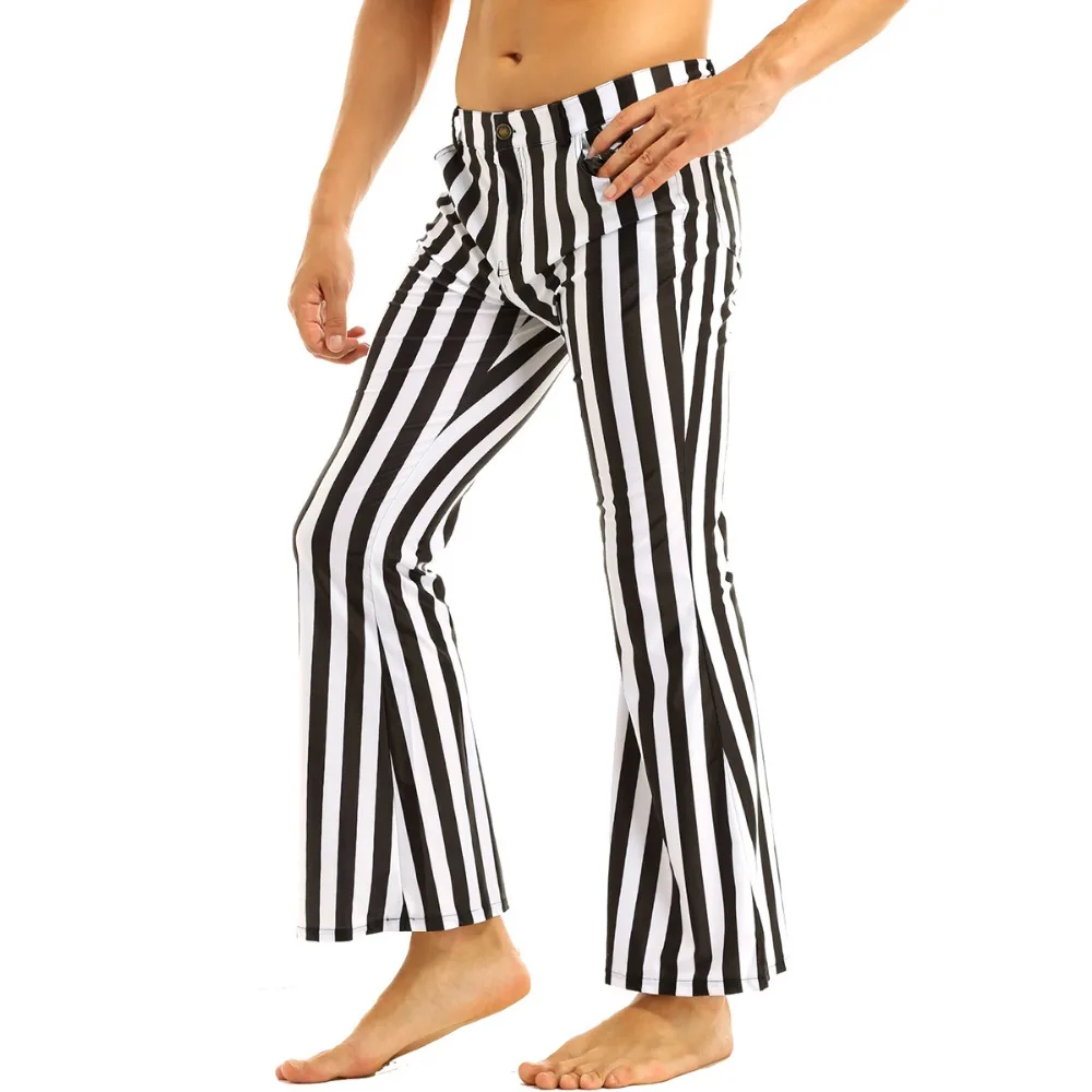 iiniim Mens 60's 70's Retro Vintage Mid Waist Striped Stretch Bell Bottom Super Flares Long Pants Casual Trousers Sexy Panties