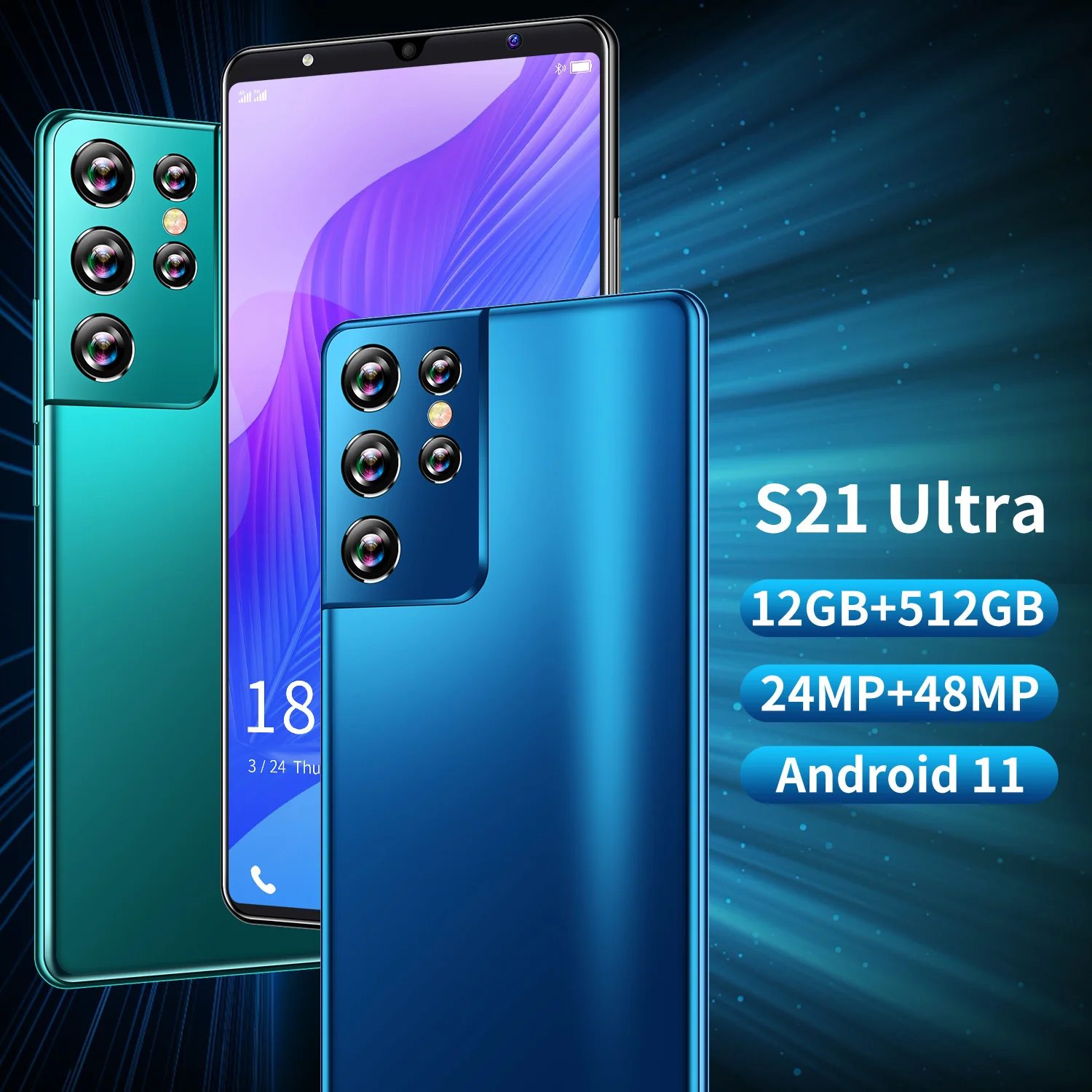 

S21 Ultra 6.1 Inch Smartphone Global Version HD Full Screen 12GB+512GB Android 24MP+48MP Camera 5000mAh Big Battery Cell Phone