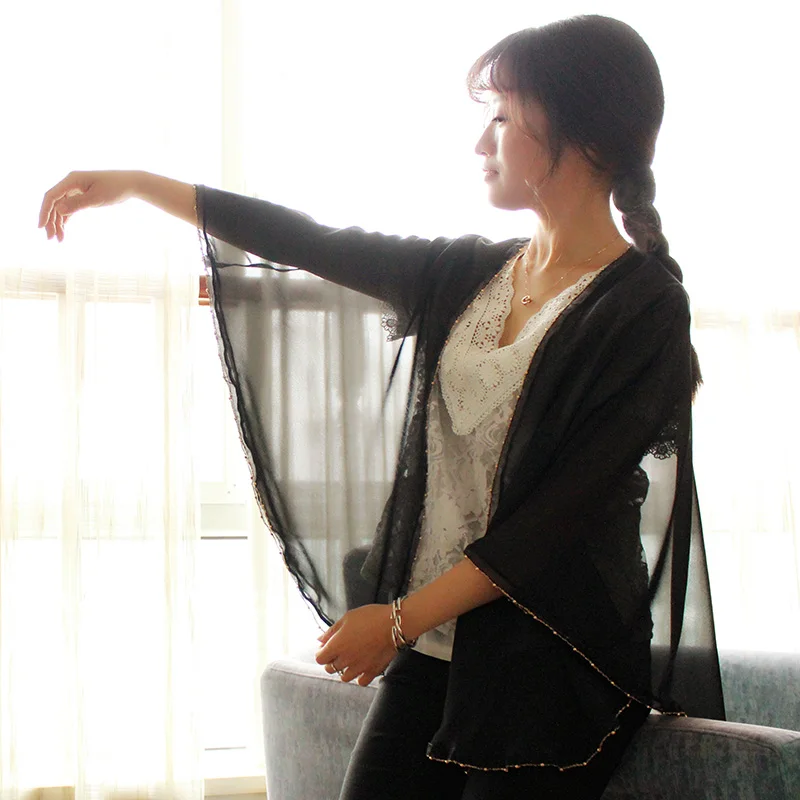 

Cloak Cape Coat Women Black Metal Bead Stitching Poncho White Shawl Sun Protection Cardigan Loose Summer Cape Dress High Quality