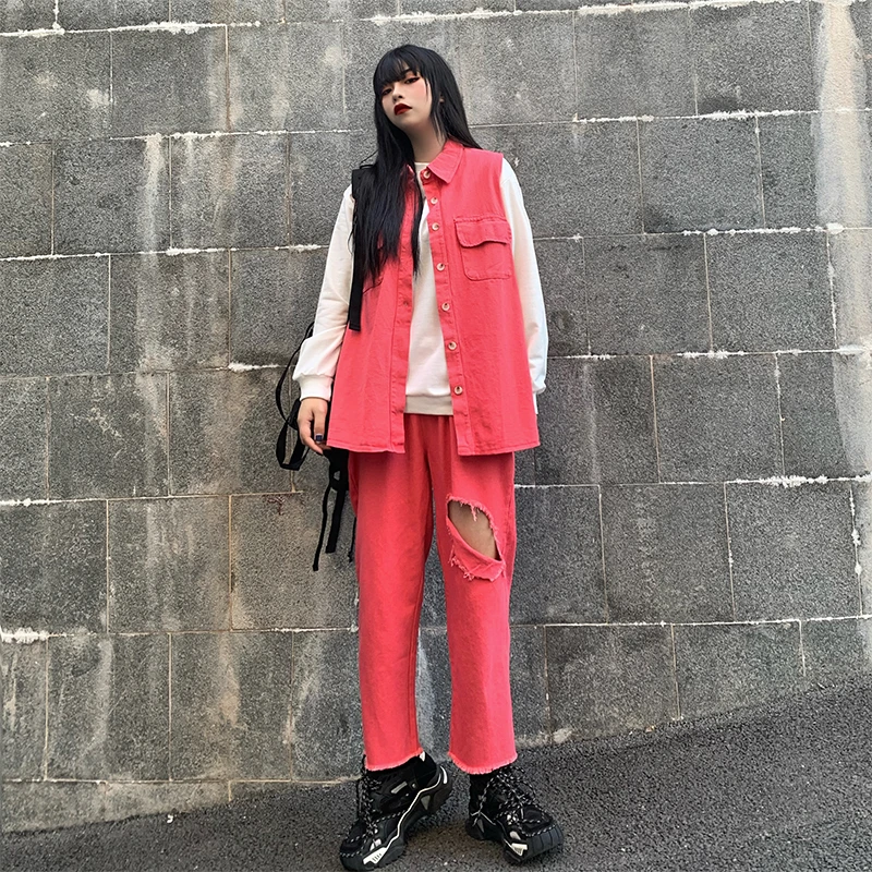 Женский джинсовый костюм спортивный из двух предметов топ и штаны свободного