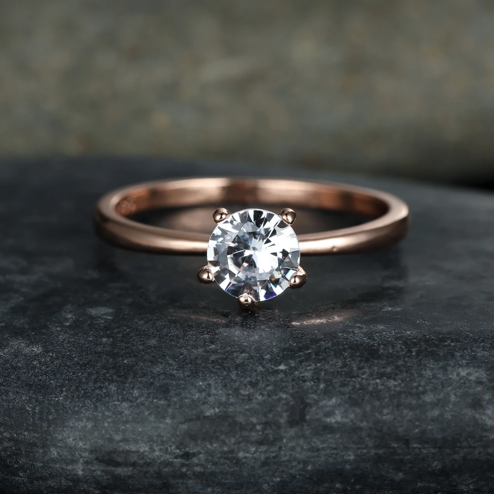 

925 Rose Gold Sparkling Diamond Ring for Women Cute Fashion Round 6 Prong Inlay Zircon Rings Bridal Wedding Jewelry Party Gift