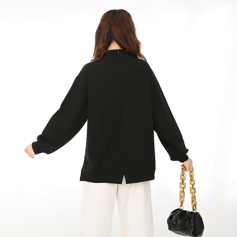 

black [EAM women's button big pocket breathable T-shirt high collar new long sleeve fashion spring and autumn 2021 1dc06701