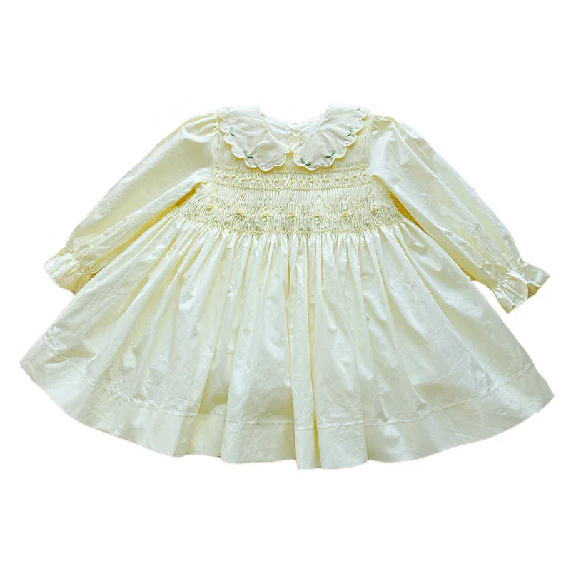 

Baby Smocked Dresses For Girls Long Sleeve Kids Yellow Smock Embroidery Dress Peter Pan Collar Children Vintage Spanish Clothing