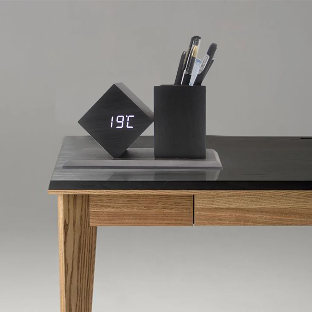 

Multifunctional Wooden Digital Alarm Clock Desktop LED Clock with Pen Holder, Voice Control, USB/Battery Powered