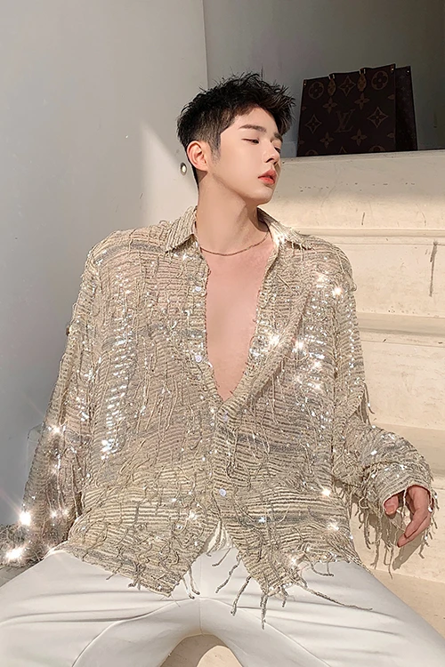 

M-XL!Personalized translucent hollow bright sequined tassel shirt male group singer nightclub stage performance costume.