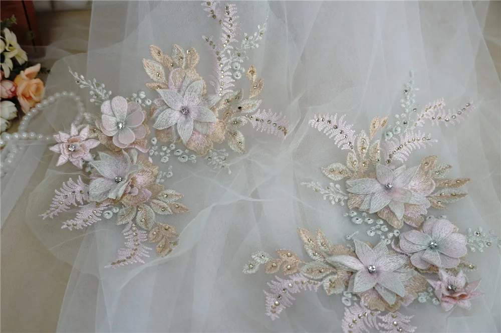Новое поступление 1 пара вышивка Кружевная аппликация 3D Цветы стразы отделка для