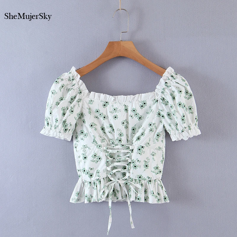 

SheMujerSky Summer Green Floral Print Blouses Square Collar Ruffles Cropped Tops 2021 Sweet Drawstring Slim Shirts