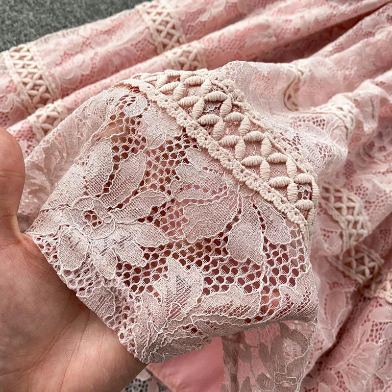 

Women Korean Lace Dress O Neck Puff Sleeve Sashes A Line Midi Long Dress Autumn Solid Casual Elegant Hollow Out Dress