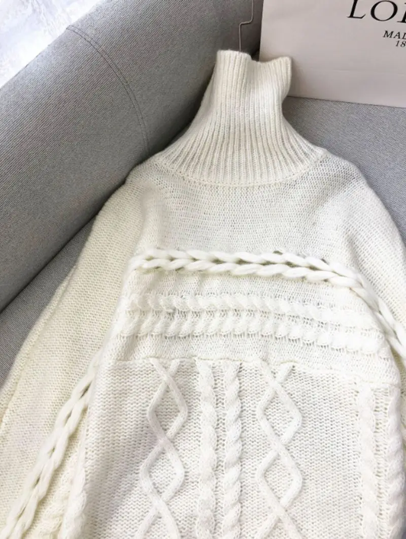

Fall 2020 New Mid-Length Twist Openwork High Neck Loose Temperament Knitted Sweater Women